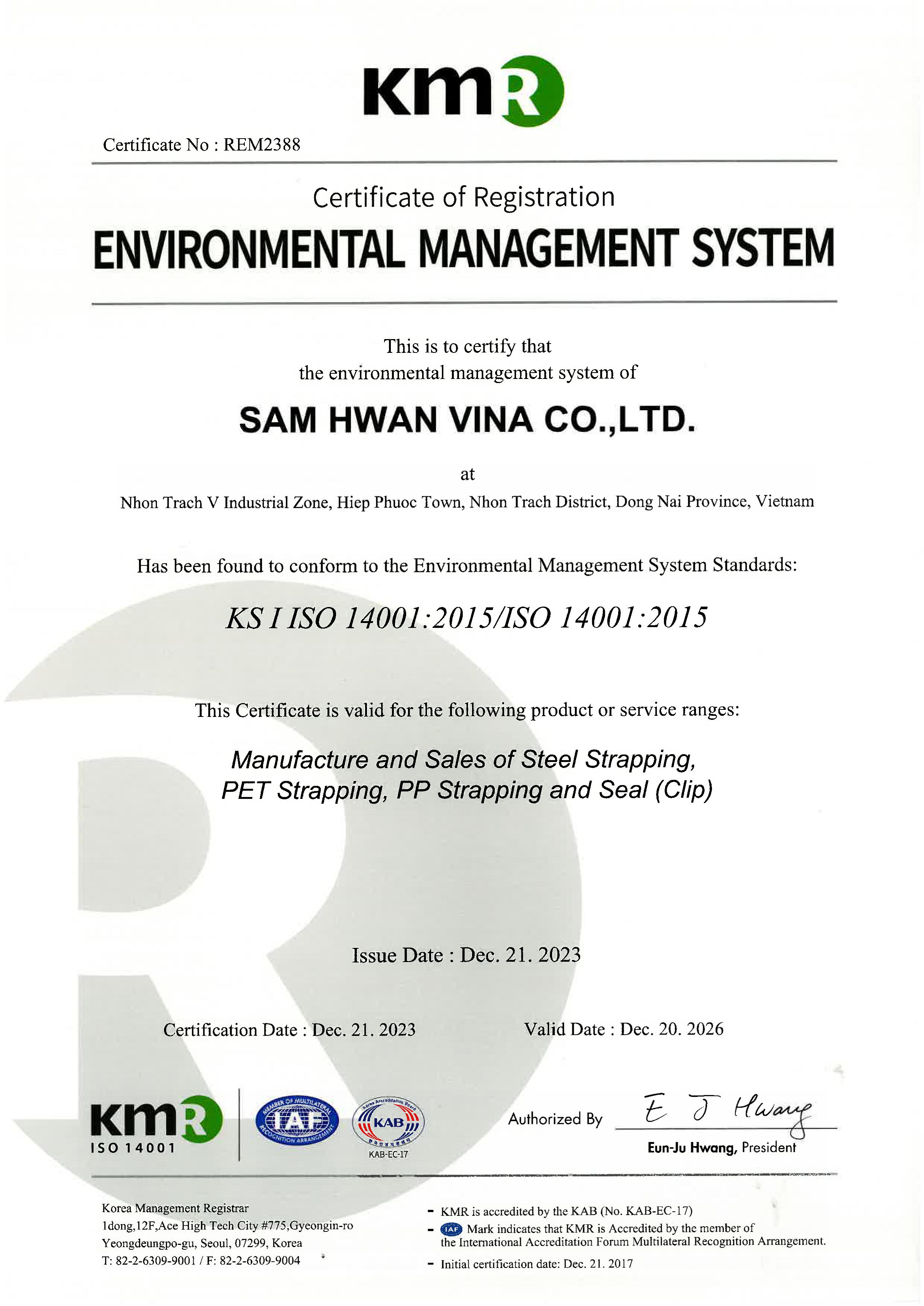 Chứng nhận - Công Ty Trách Nhiệm Hữu Hạn Sam Hwan Vina